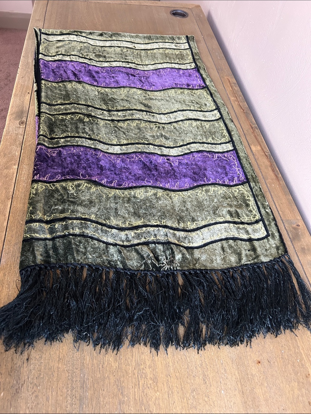 Vintage Burnout Velvet Silk Wrap Purple Green Black Fringe Embroidered Scarf.